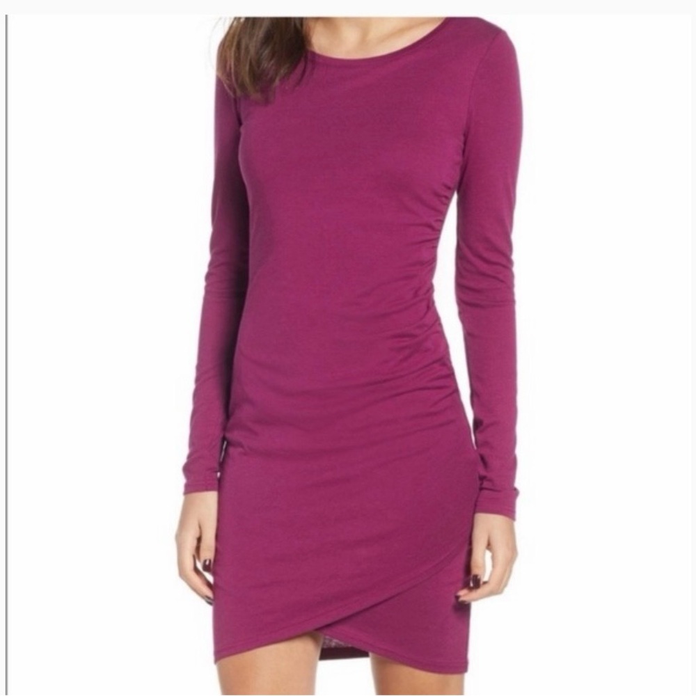 #513  Leith NWT Cute Long-Sleeve Ruched Wrap Hem Dress in Plum